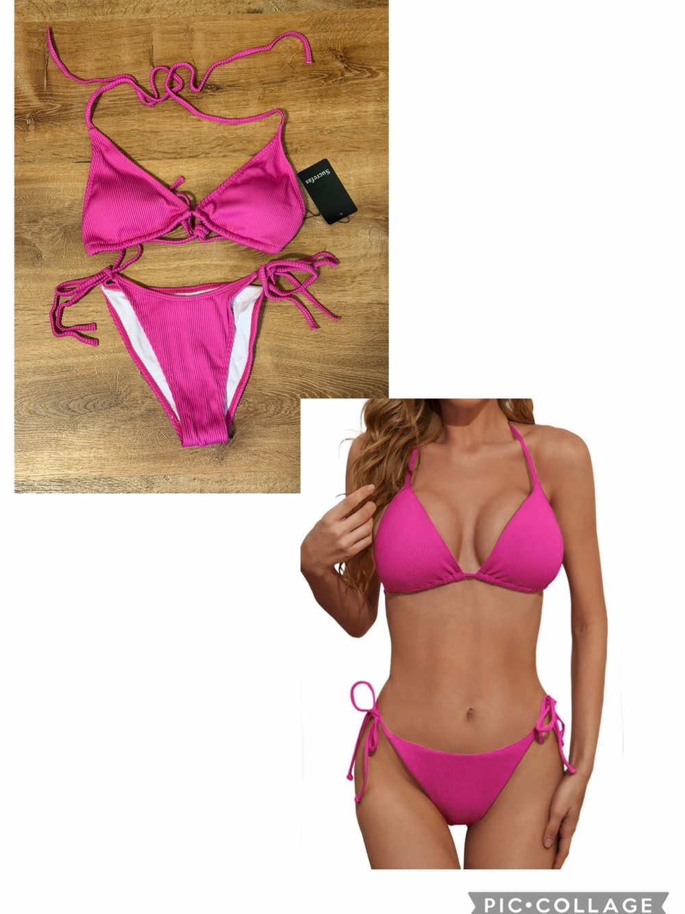 Pink Ribbed Tie-Side Triangle Bikini Set - Women Swim